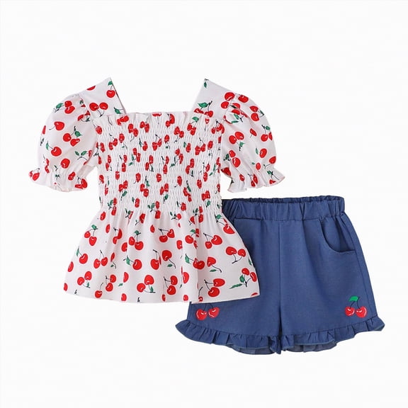 TOWED22 Girls Summer Play Outfit 2-Piece Set Cartoon Tee and Quick-Dry Shorts 2T-6T Red,4-5 Y