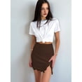 thumbnail image 6 of Women'S Satin Lace Trim High Waist Split Hem Bodycon Mini Short Skirt Brown M, 6 of 9