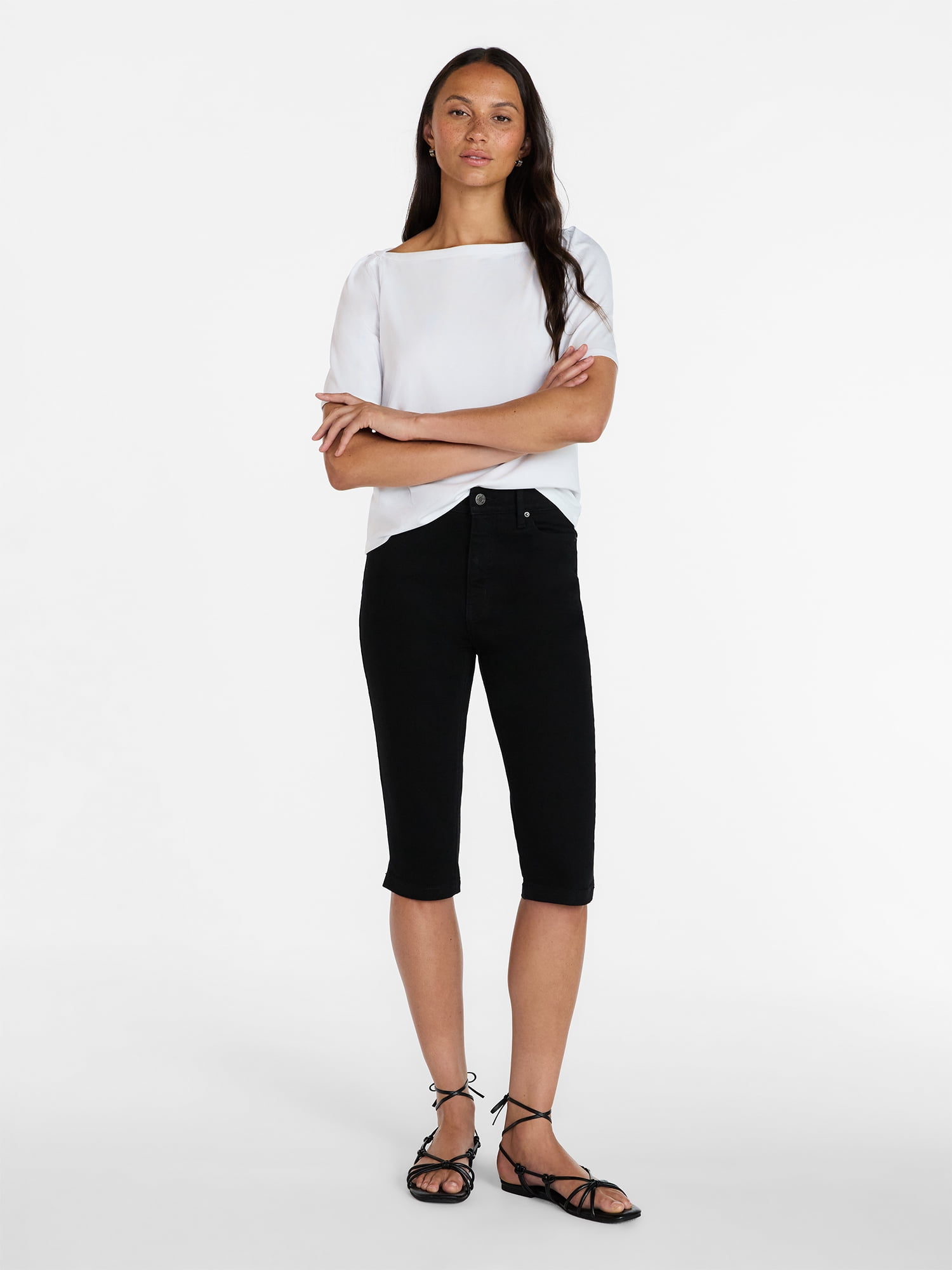 Time and Tru Women's Mid Rise Stretch Denim Capri Pants, 16.5" Inseam, Sizes 0-20
