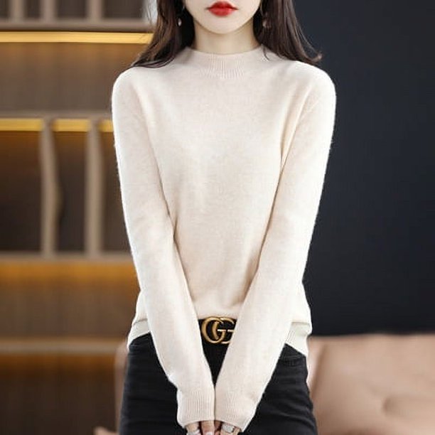Suéter de cachemira de otoño e invierno para mujer, suéter corto de cuello alto con base gruesa, suéter suelto de lana