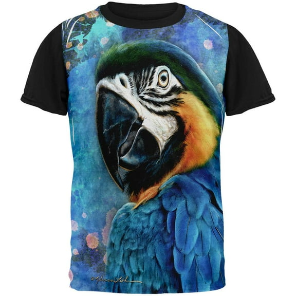 Exotic Blue Gold Macaw All Over Mens Black Back T Shirt Multi LG