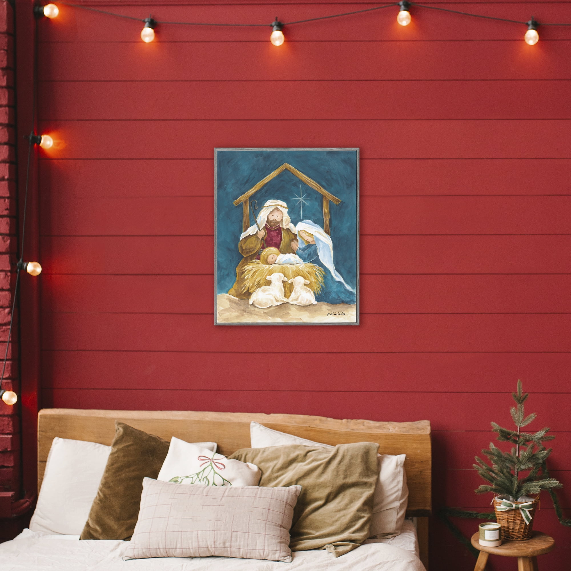 Comforting Nativity Painting Gray Framed Giclee Art, design by Diane Kater