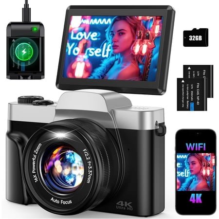 4K Digital Camera for Photography 64MP WiFi Vlogging Camera for YouTube Autofocus 3" 180? Flip Screen 16X Zoom Compact Travel Cameras with Anti-Shake, SD Card, 2 & Charger