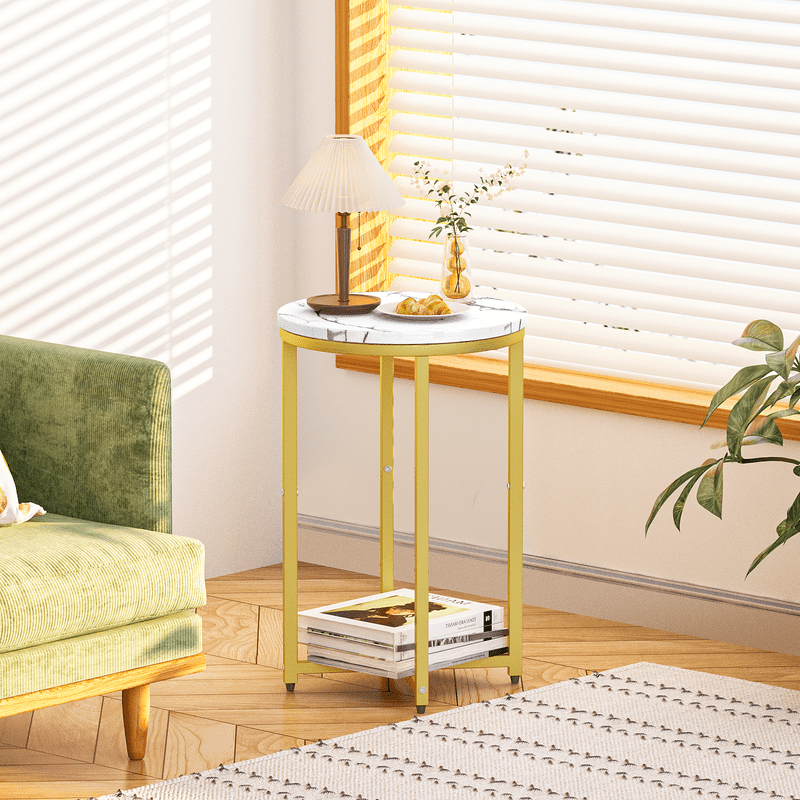 Baxluxe Round End Table Set of 2, Faux Marble Golden Side Table with Metal Base, Living Room Small Coffee Table Nightstand Bedside Table, 2 Pieces Sofa End Table for Living Room, Bedroom, Gold
