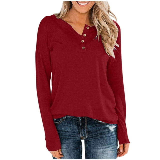 hotojiny Plus Size Tops for Women Casual Long Sleeve Button Henley Shirts 2025 Spring Soft Loose Solid Color Tunics Tee