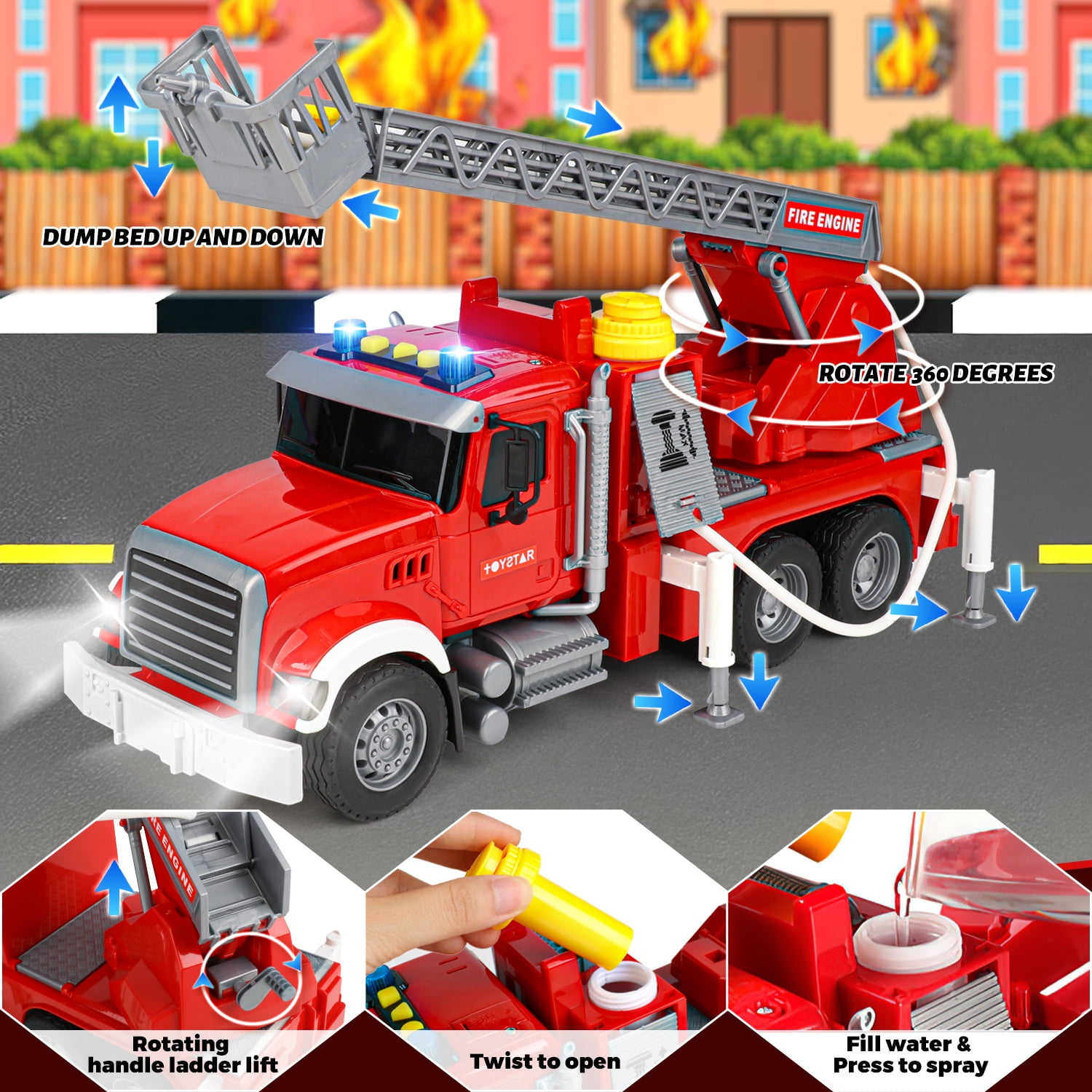 UUSUOO Truck Toys for Boys 3-6 Years,15" Large Fire Truck Toy,Friction Powered Fire Rescue Truck Vehicle Toys with Lights & Sirens Sounds & Ladder,Christmas Birthday Gifts for Boys Girls 5 6 7 +,Red