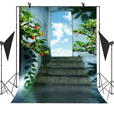 Image of HelloDecor 5x7ft Home building Backdrop Brick Wall Stairs Green Plant Red Fruits Blue Sky White Clouds Background Studio Props Party Curtains Photo Booth Background