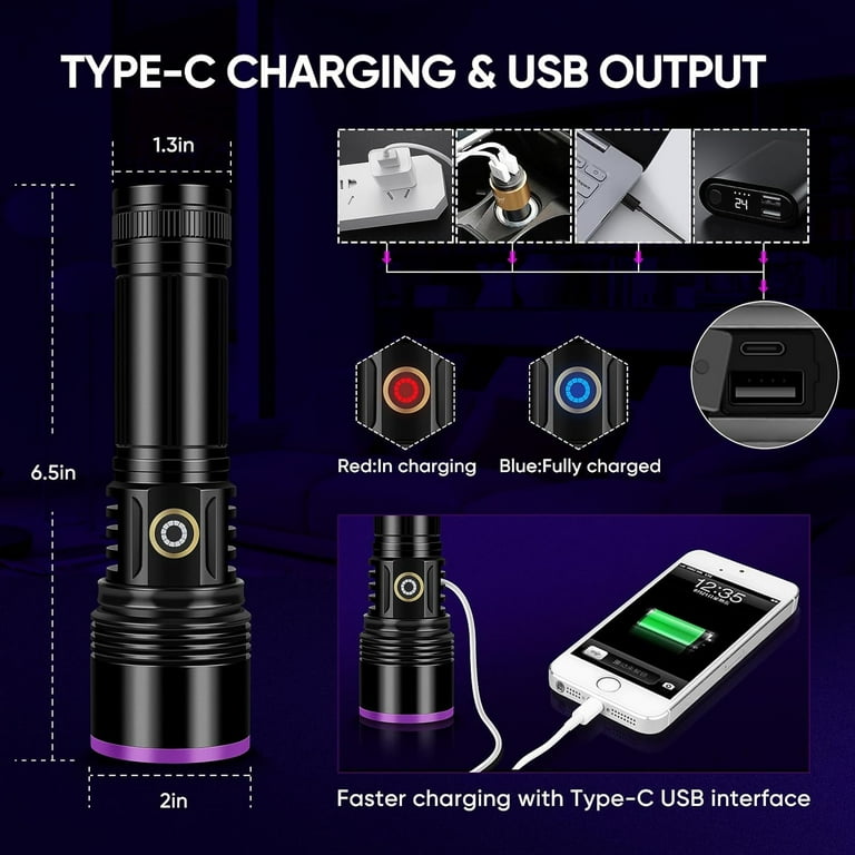 みゅん 30W 365nm UV Flashlight USB Rechargeable UV Light High Power