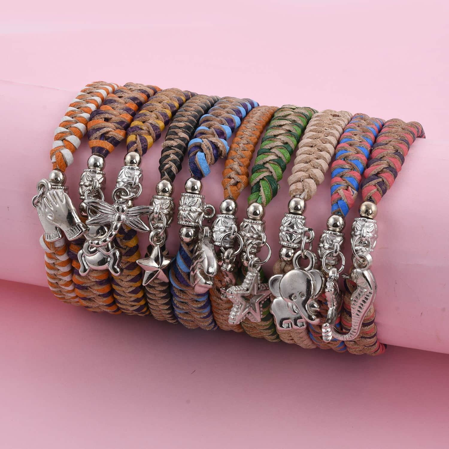 Set of 10 Multi Color Wax Cord Adjustable Friendship Bracelet with Charms  Gift
