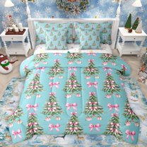 Manfei Christmas Tree Twin Bedding Sets 7-Piece for Female Men Adults,Xmas Festival Bedding Comforter Set Microfiber,Kawaii Pink Bowknot Breathable Sheet Sets,Breathable Home Decor,Reversible