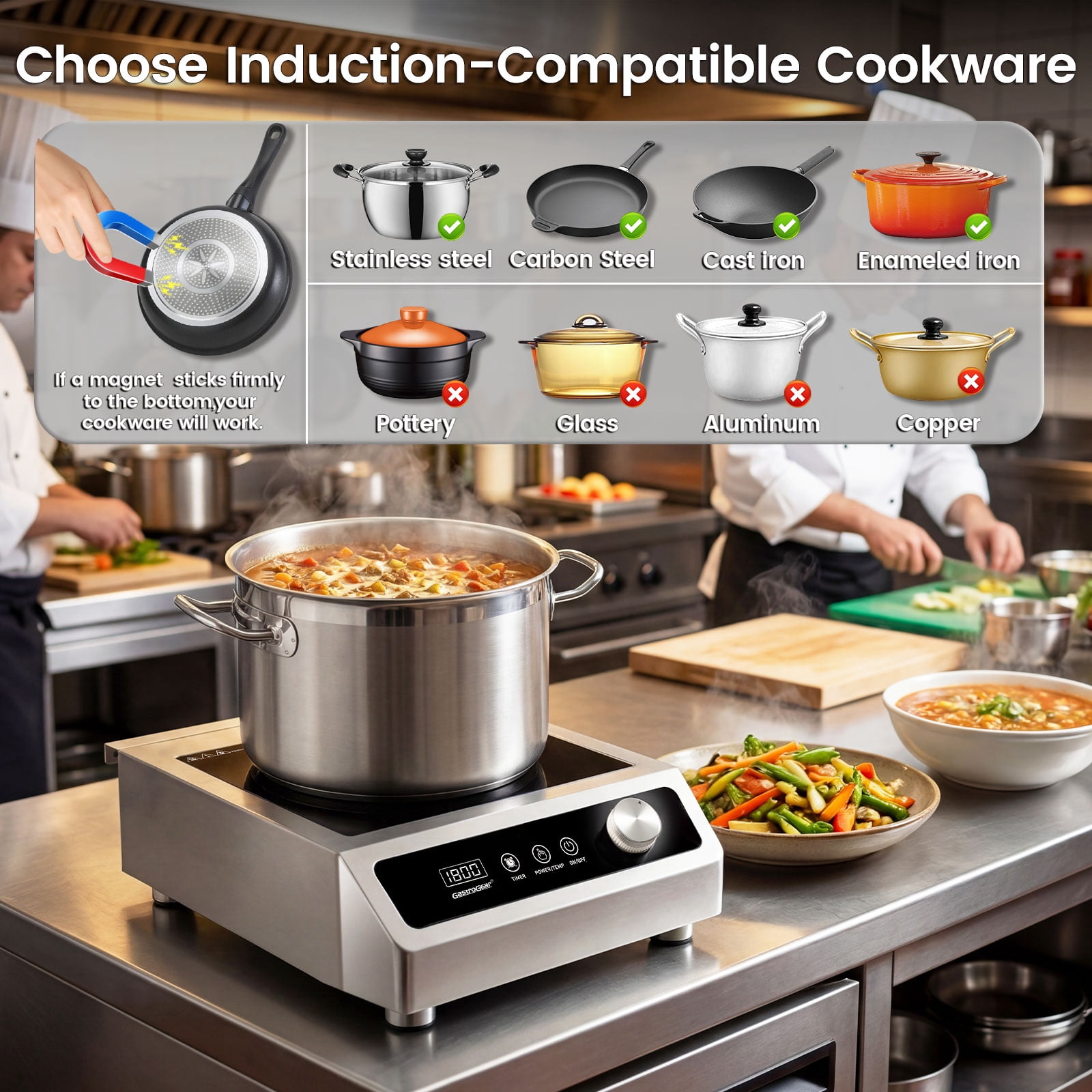 GastroGear 1800W 100V～185V 2026 New Induction Cooktop Commercial Range Grade Precise 17 Watts Power/Temp Ctrl 200~1800W Large Burner with 9.25" Coil Electric Stove Heavy Duty Stainless Steel