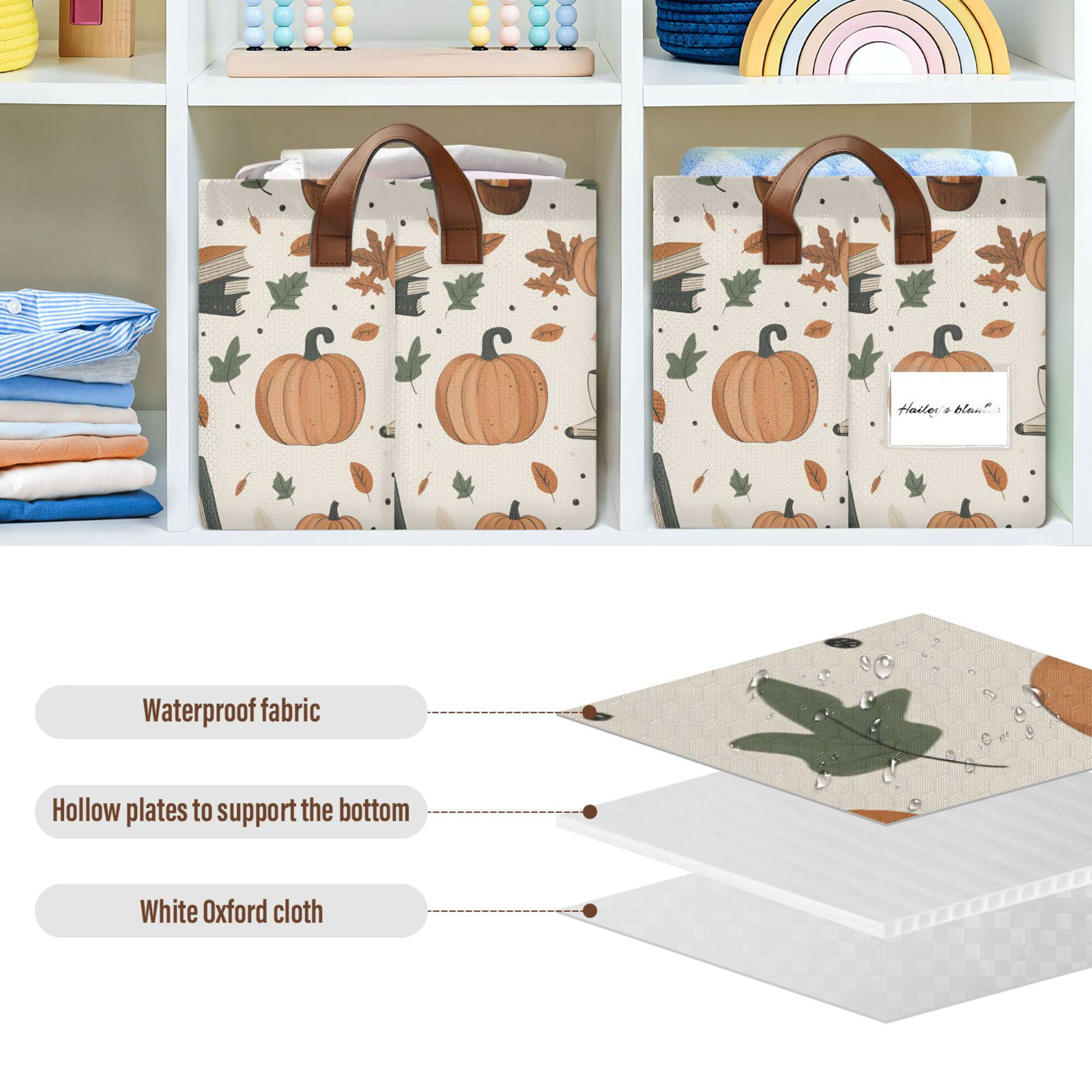 Yayeee Foldable Storage Basket for Shelves with Handles Waterproof Cloth Bins, Beige Fall Leaves