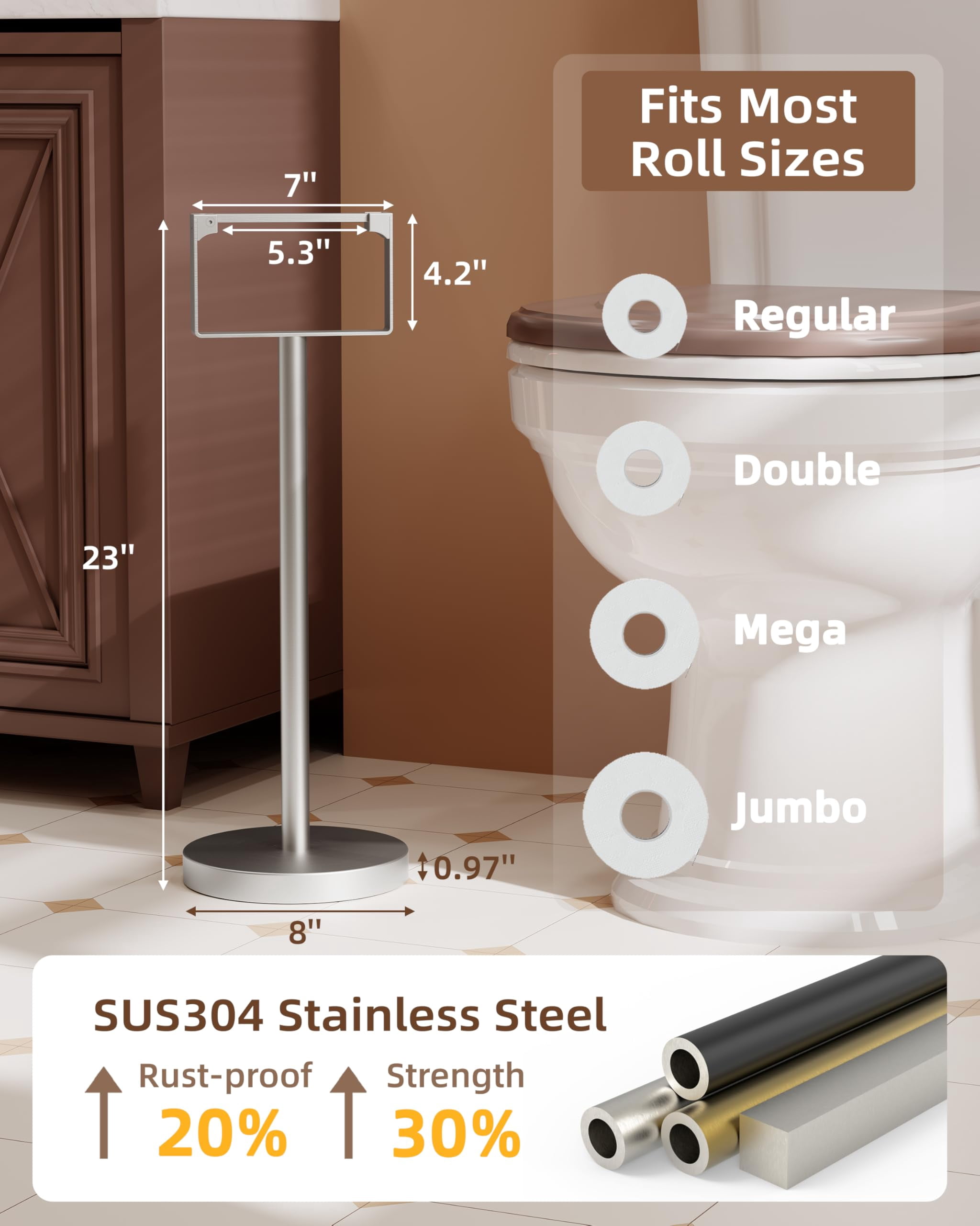 RUACQ Toilet Paper Holder Stand, Magnetic Closure Toilet Paper Stand with Lift-Up Rotating Arm, SUS304 Stainless Steel Bathroom Toilet Paper Holder Free Standing, Weighted Base (Brushed Nickel)