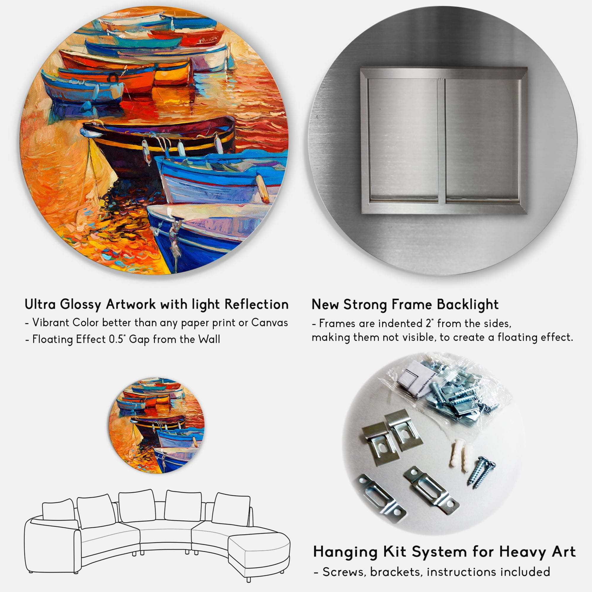 Designart 'Boats During Warm Colourd Sunset In The Harbor I' Nautical & Coastal Circle Metal Wall Art 29x29 - Disc of 29