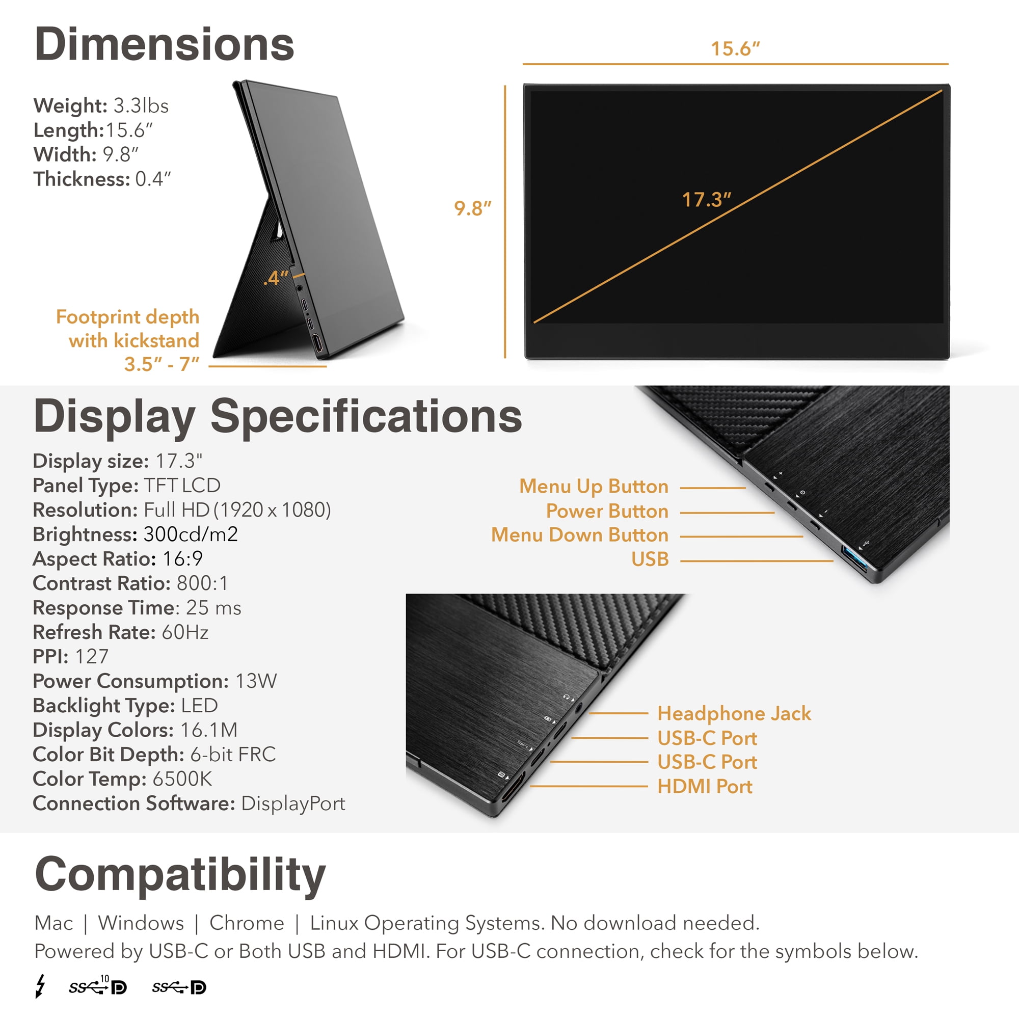 SideTrak Solo Portable Monitor Freestanding Touchscreen 17" FHD 1080P LED IPS Screen with Kickstand |Compatible with Mac, PC, Chrome | Powered by USB-C or Mini HDMI | Built-in Speakers & HDR Mode