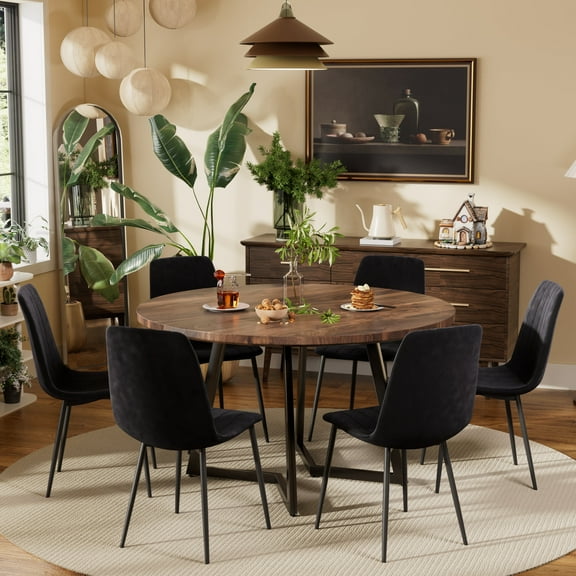 KATBOC 47in Round Modern Farmhouse Dining Table Set with 6 Velvet Chairs, Walnut MDF Top & Black Metal Legs, Waterproof for Kitchen, Apartment, Breakfast Nook, Dark Brown Black