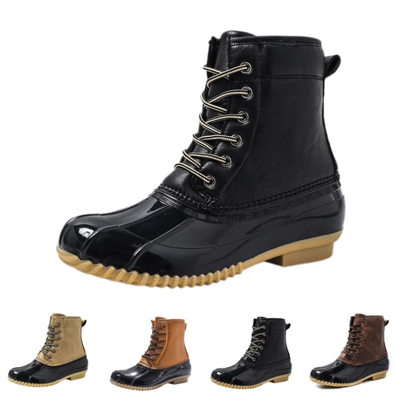 AUDeals Women's Duck Boots, Lace Up Waterproof Snow Shoes with Two Tone Style and Mid Calf Winter Comfort