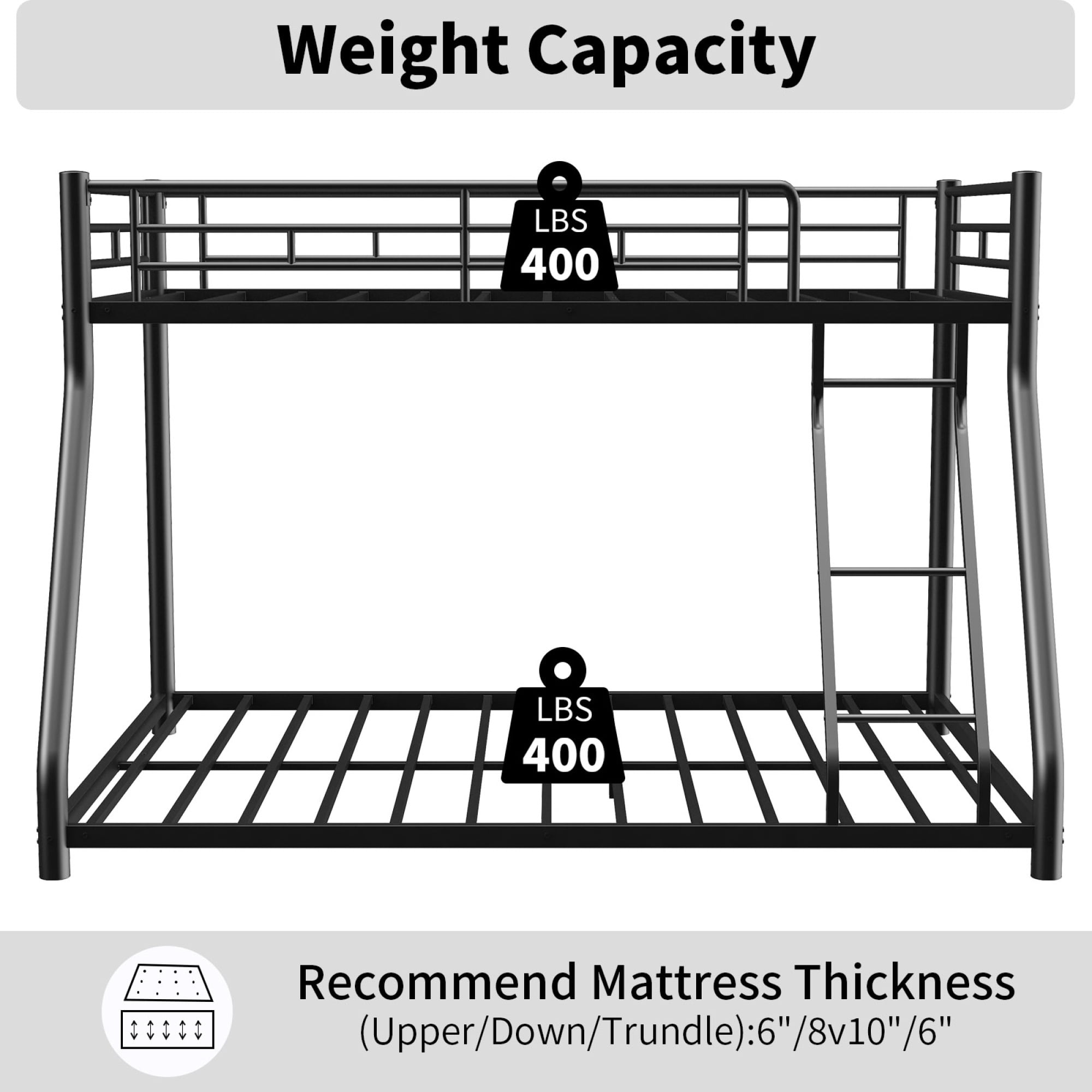 Leumius Twin Over Full Metal Bunk Bed,Heavy Duty Metal Bed Frame with Ladder & Full-Length Guardrail for Teens Adults,Black