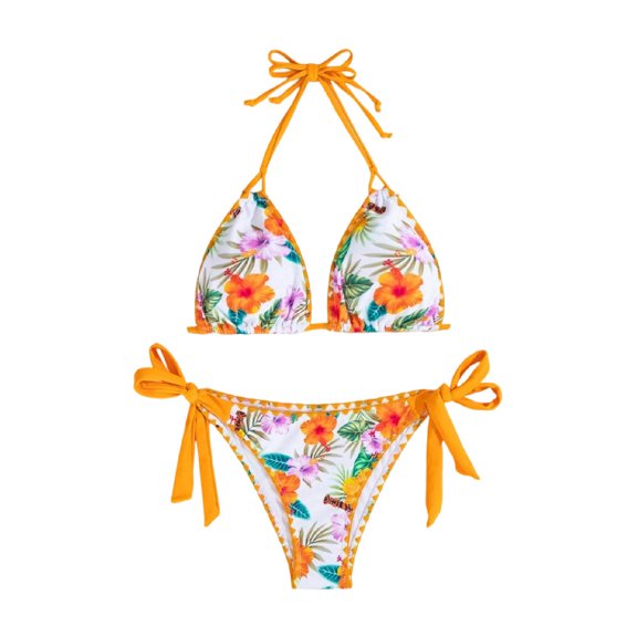 IFNWSV Womens Bikini Set 2 Piece Print Push Up Halter Neck Triangle Top with Tie Sides Bottoms Yellow L