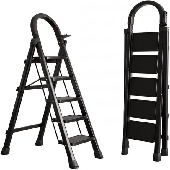 innhom 5-Step Folding Ladder - 330 lbs capacity, sturdy steel frame construction, wide non-slip steps and top handrail, versatile lightweight folding ladder, black
