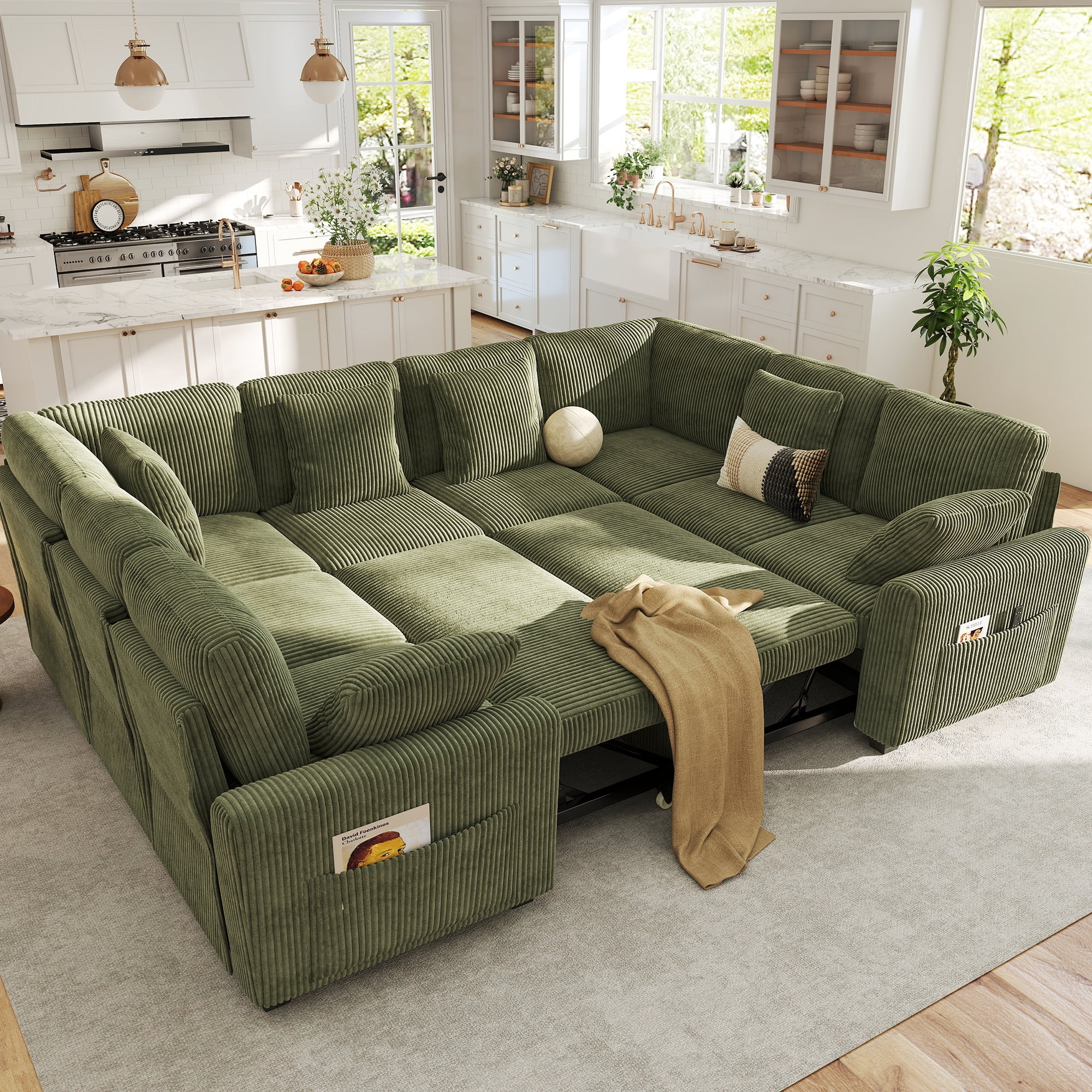 BedLuxury 110" Sectional Sleeper Sofa with Pull Out Bed, Storage Seat & USB Charging, U Shaped Modern Couch for Living Room, Corduroy Green
