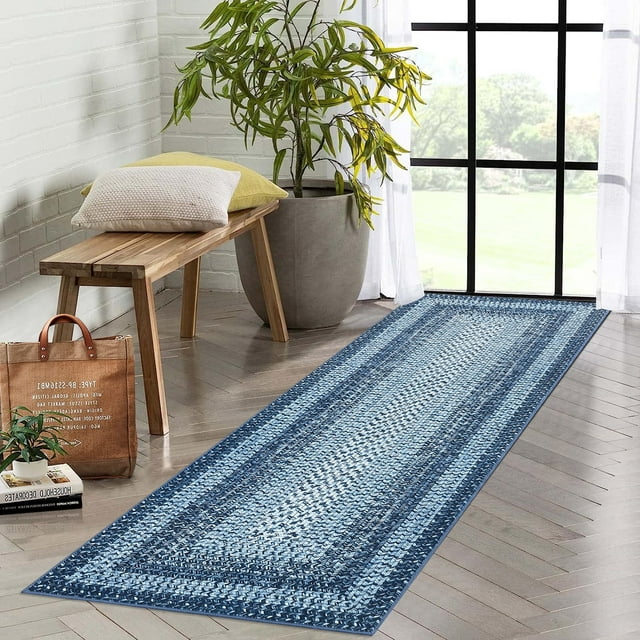 YUSAZENS 2x6 Braided Print Machine Washable Non Slip Runner Rug for Kitchen Hallway Laundry Room Bedroom Gray Blue