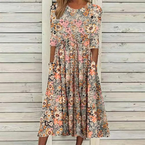Teissuly Women's Summer Casual Round Neck Half Sleeve Floral Printed Dresses With Pocket