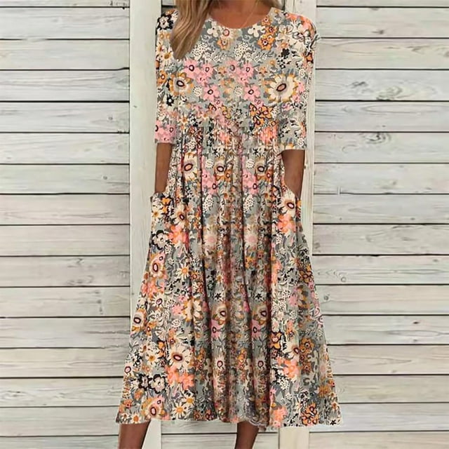 EGNMCR Robes d'Été pour Femmes Tendance 2024 Robe d'Été Décontractée pour Femmes à Col Rond à Manches Mi-Longues à Imprimé Floral avec Poche
