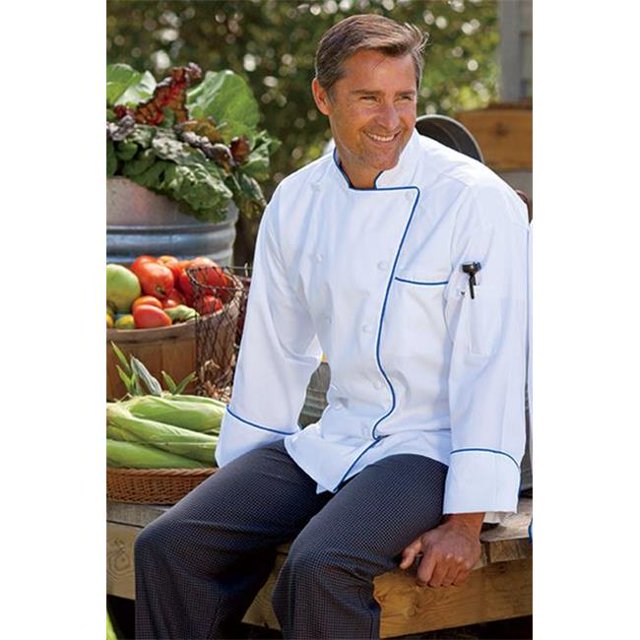 Uncommon Threads 0432-4703 Murano Chef Coat in White with Royal Piping - Medium