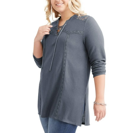 Juniors' Plus Thermal Knit Lace Up Top