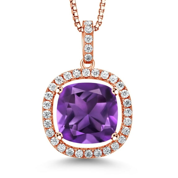 Gem Stone King 18K Rose Gold Plated Silver Pendant with Chain Amethyst Moissanite (7.06 Cttw)