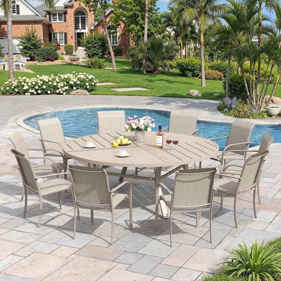 Vicllax 11-Piece Round Outdoor Patio Dining Furniture Set Table and Chair Metal Frame for Porch Deck