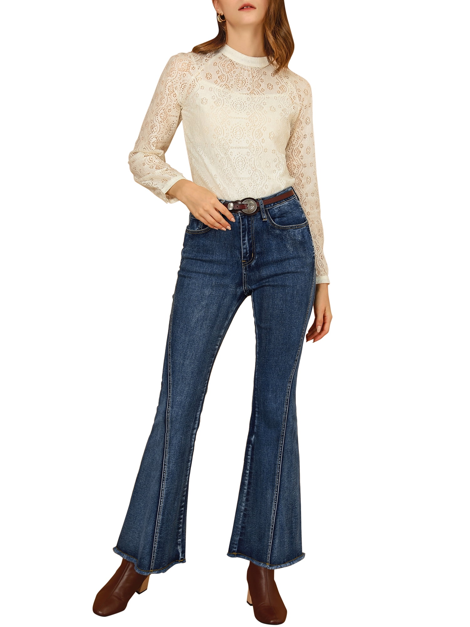 DARING DIVA Women's Flare Denim Pants High Waist Stretch Bell Bottoms Jeans S Blue