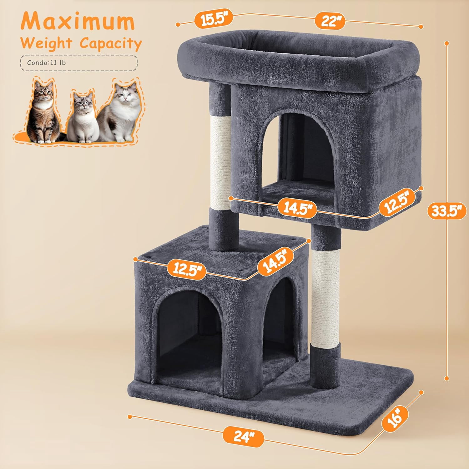 Librala  33.5in Cat Tree Tower for Indoor Cats w/2 Cozy Plush Condos, Oversized Perch & Sisal Scratching Posts, Stable Cat Stand House for Large Cats & Pets