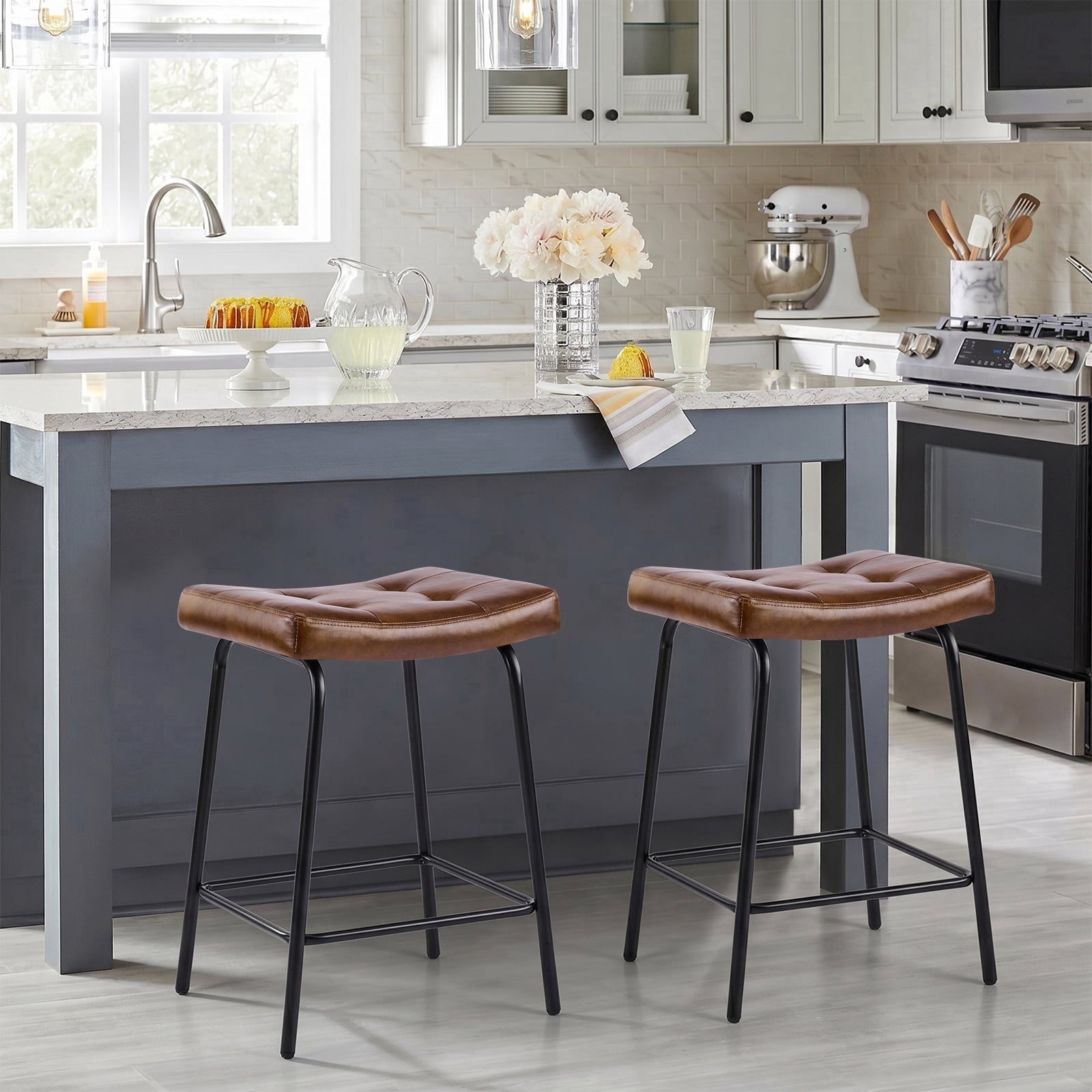 25" Saddle Counter Stools Set of 2, Tufted Faux Leather Counter Height Bar Stools with Metal Legs for Kitchen Island, Yellow Brown
