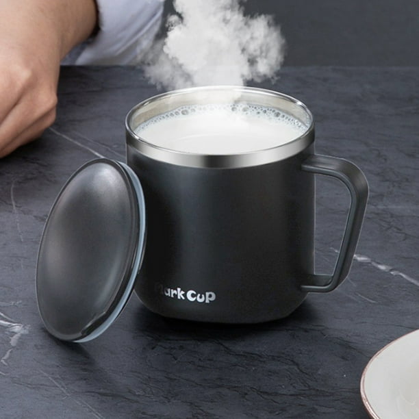 Taza de café de acero inoxidable con doble aislamiento, tapa y asa | Taza de viaje reutilizable de 400 ml | Aislamiento al vacío para bebidas frías y calientes | Para casa, oficina, camping