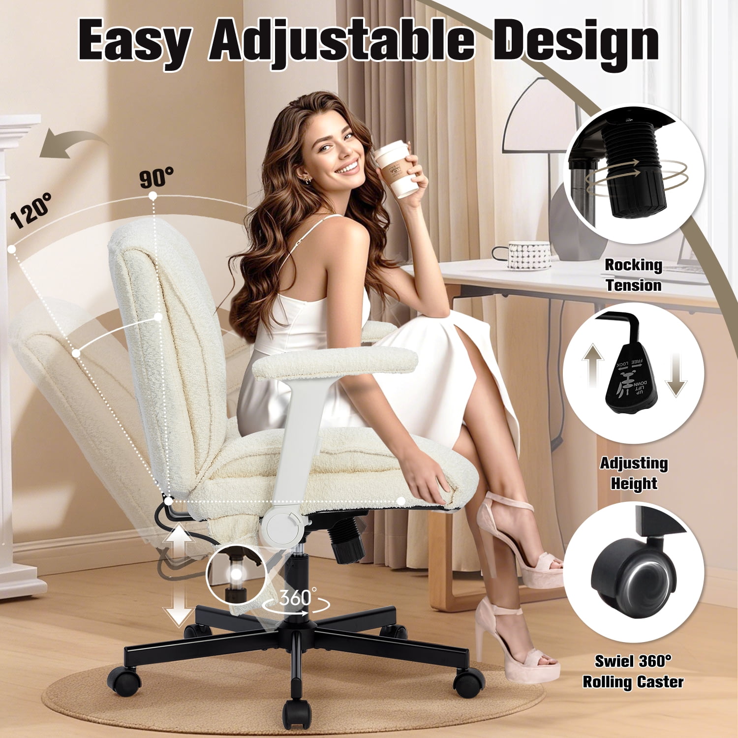 Criss Cross Chair with Dynamic Lumbar Support, Fabric Cross Legged Office Chair with Flip Arms and Wheels, Wide Swivel Vanity Chair for Home Office, Study, Makeup Room