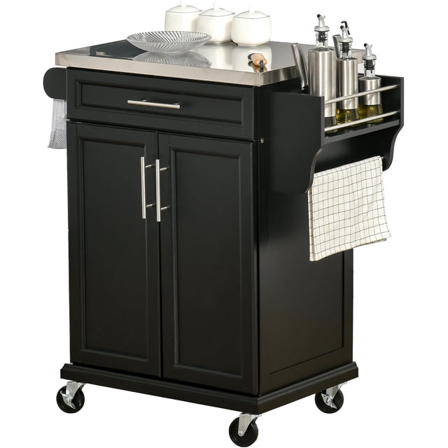 Kitchen Island with Stainless Steel , Rolling Kitchen Cart on Wheels with Storage Drawer, Cabinet, Towel Rack and Spice Rack, Black