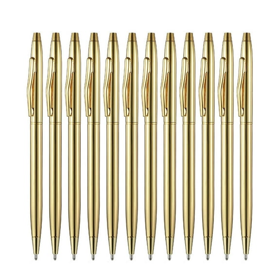 12 PCS Gold Slim Ballpoint Pens Black Ink 1 mm Medium Point Metallic Retractable Pens for Students Teachers Office