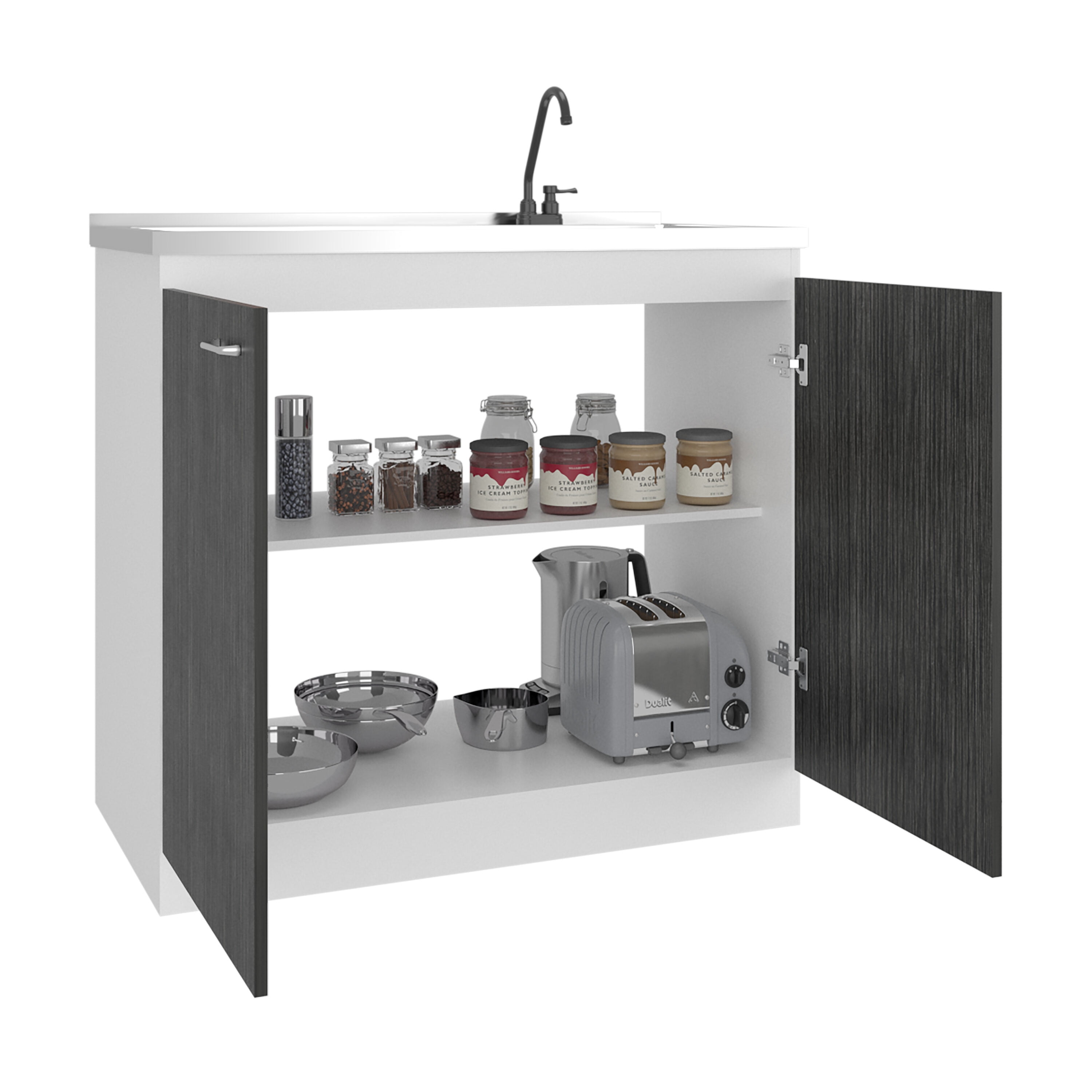 Undermount Kitchen Sink, Napoles Utility Sink with Faucet Inclued and Integrated Stainless Steel Counter top, Freestanding cabinet with two doors, Metal Handles and Two interior shelves, Gray+White