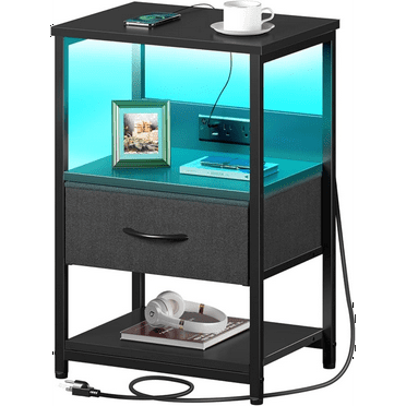 Black Nightstand with Charging Station – LED Lights, 3-Tier Storage & Fabric Drawer, Bedside/End Table for Bedroom/Living Room