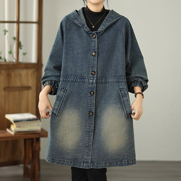 Roncen Women's Denim Trench Coat - Hooded Single-Breasted Mid-Length Jacket with Front Pockets, Casual Button-Up Coat for Spring Fall Outerwear