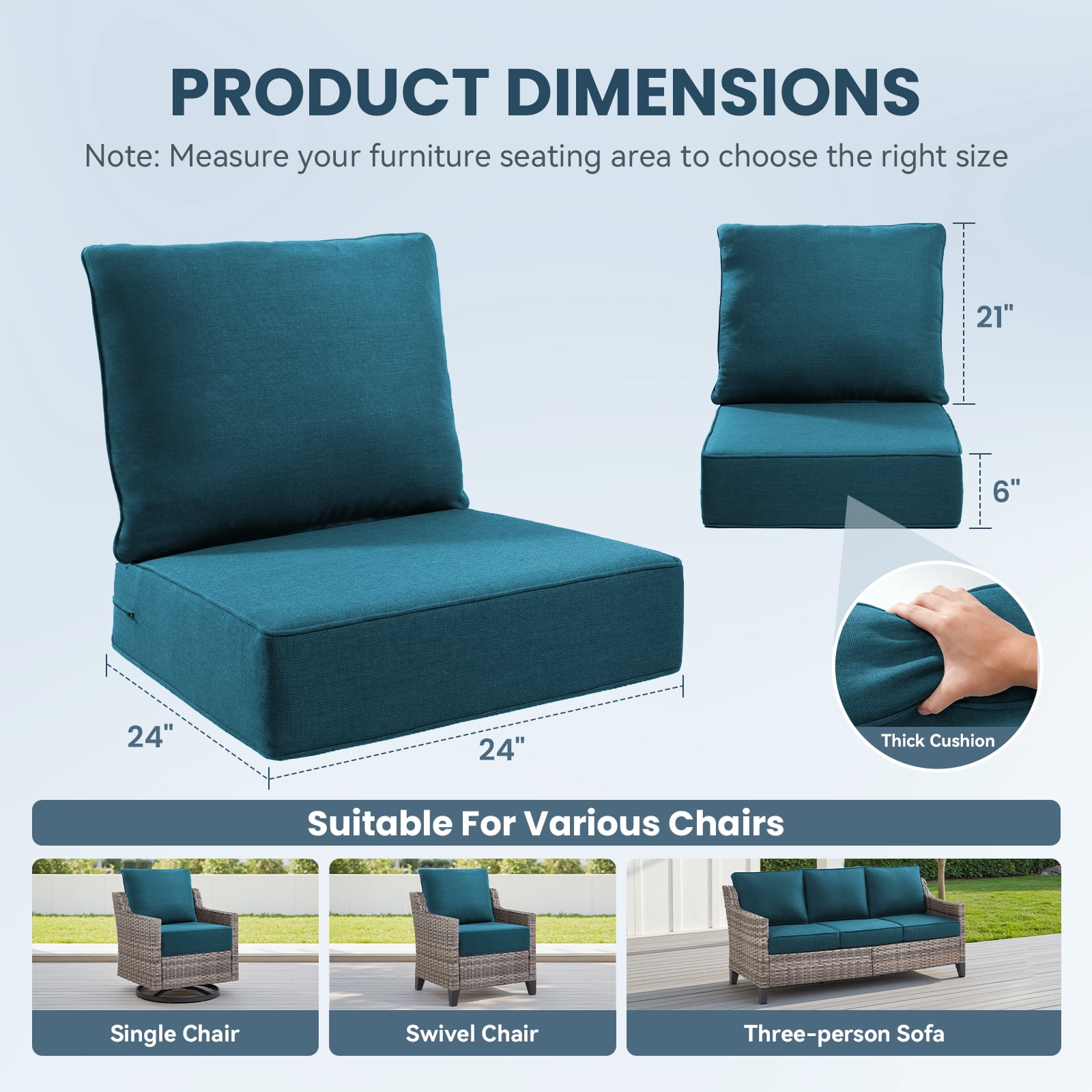 Gymojoy Outdoor Wicker Furniture Cushion Set, 24 x 24 x 6 Thicken Deep Seat Patio Chair Cushions, Dark Green, 6 Sets