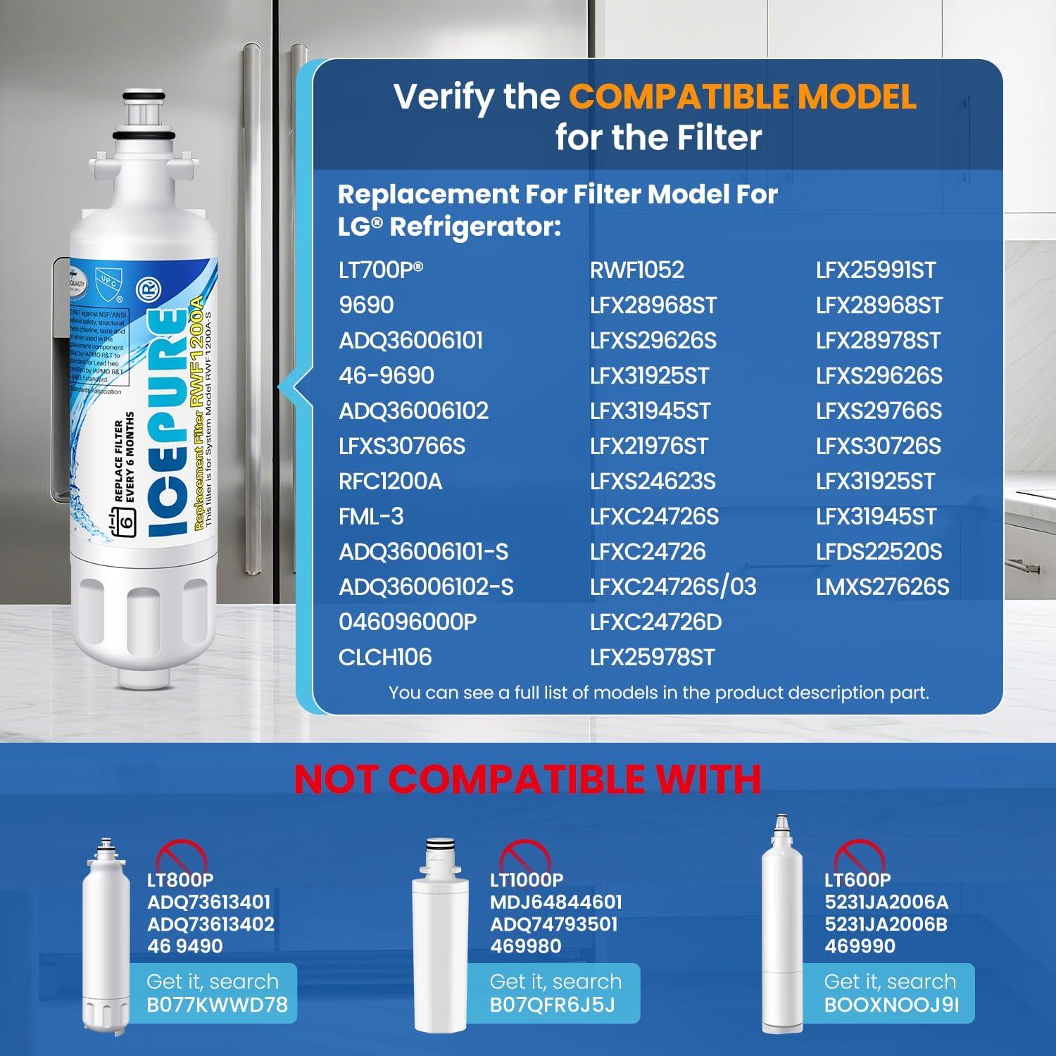 ICEPURE ADQ36006101 Refrigerator Water Filter Replacement for LT700P,  9690, 46-9690, ADQ36006102, 469690, LFXC24726S, RWF1200A, 2 PACK