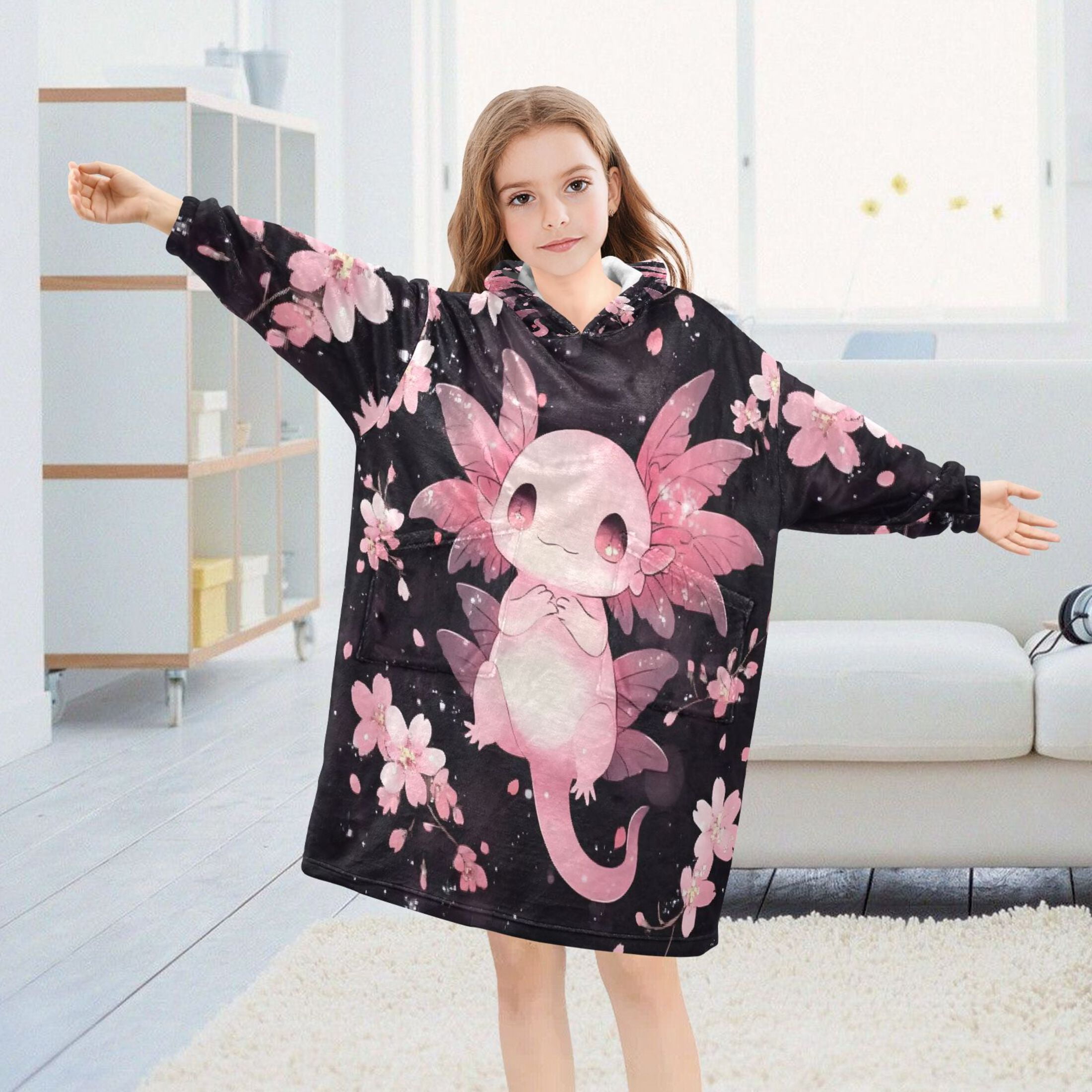 joogoo Wearable Blanket Hoodie Cute Axolotl Cherry Blossom for Flannel Sherpa Pocket 3-14 YR S