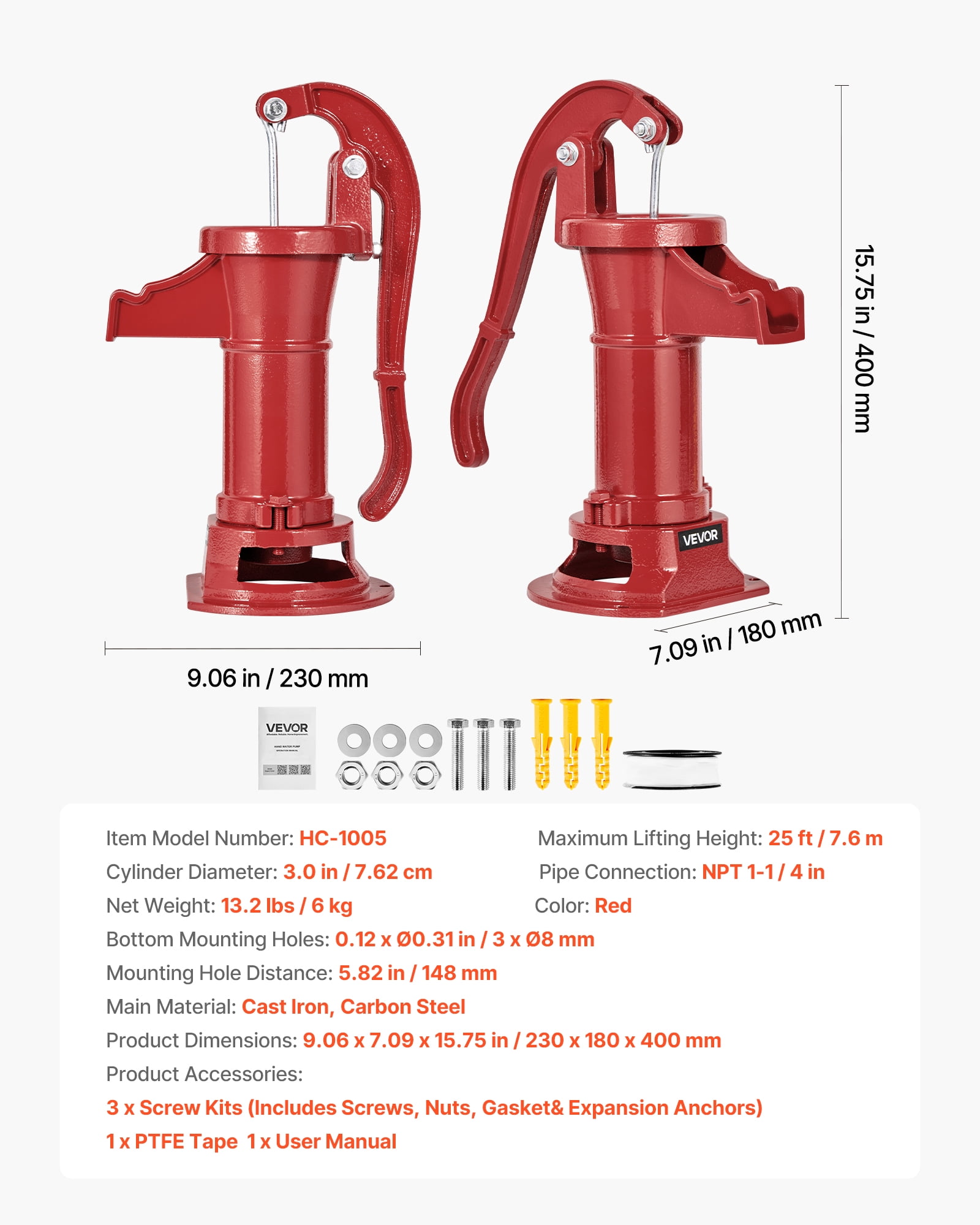 VEVOR Well Hand Pitcher Pump, 25 ft Maximum Lift, Antique Cast Iron Manual Hand Water Pump, NPT 1-1/4 in Connection, Easy Installation, Old Fashioned for Outdoor Garden, Pond, Backyard, Farm, Red
