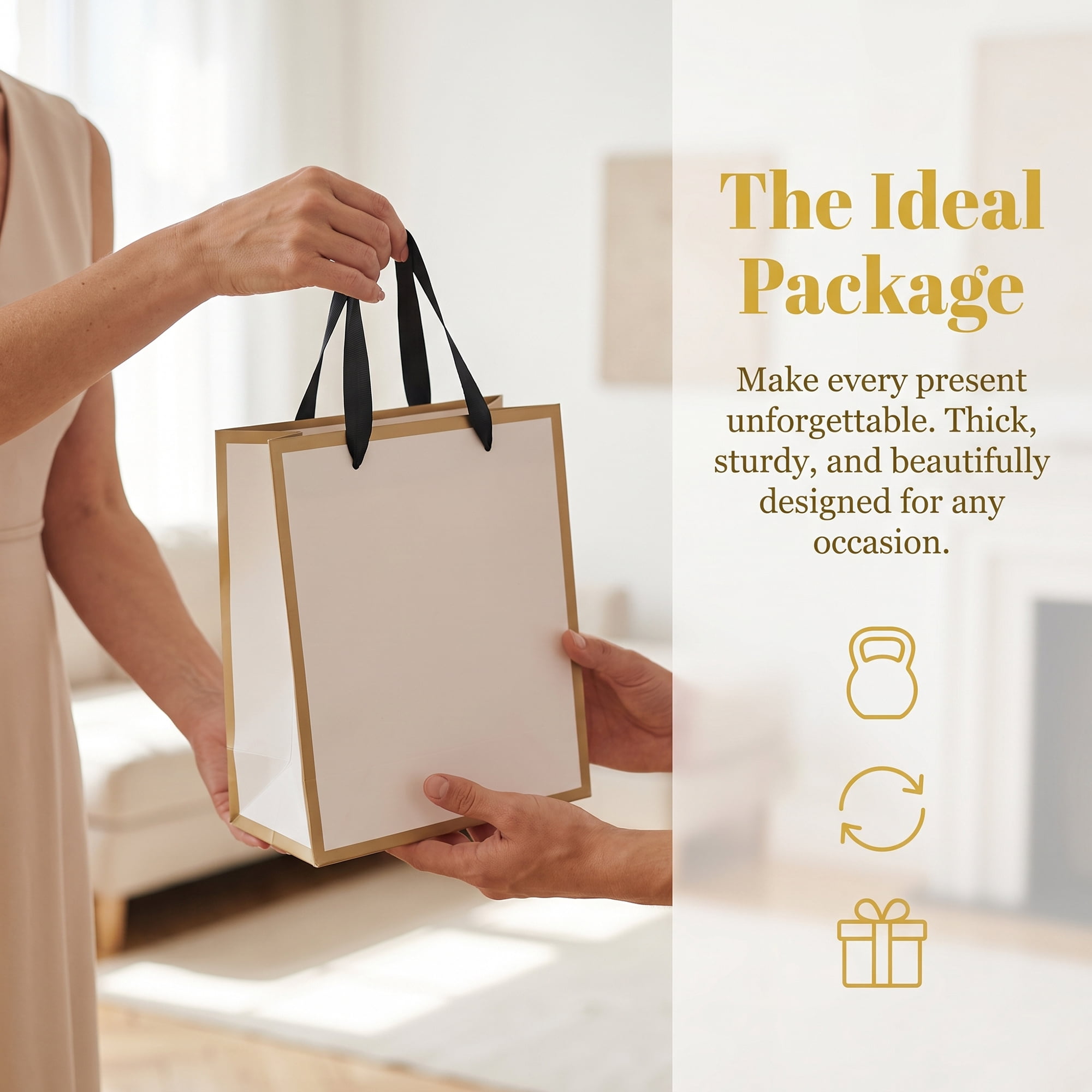 Unique Bargains Sturdy Thick Horizontal Paper Gift Bags White Gold 8.3" x 4.3" x 10.6"