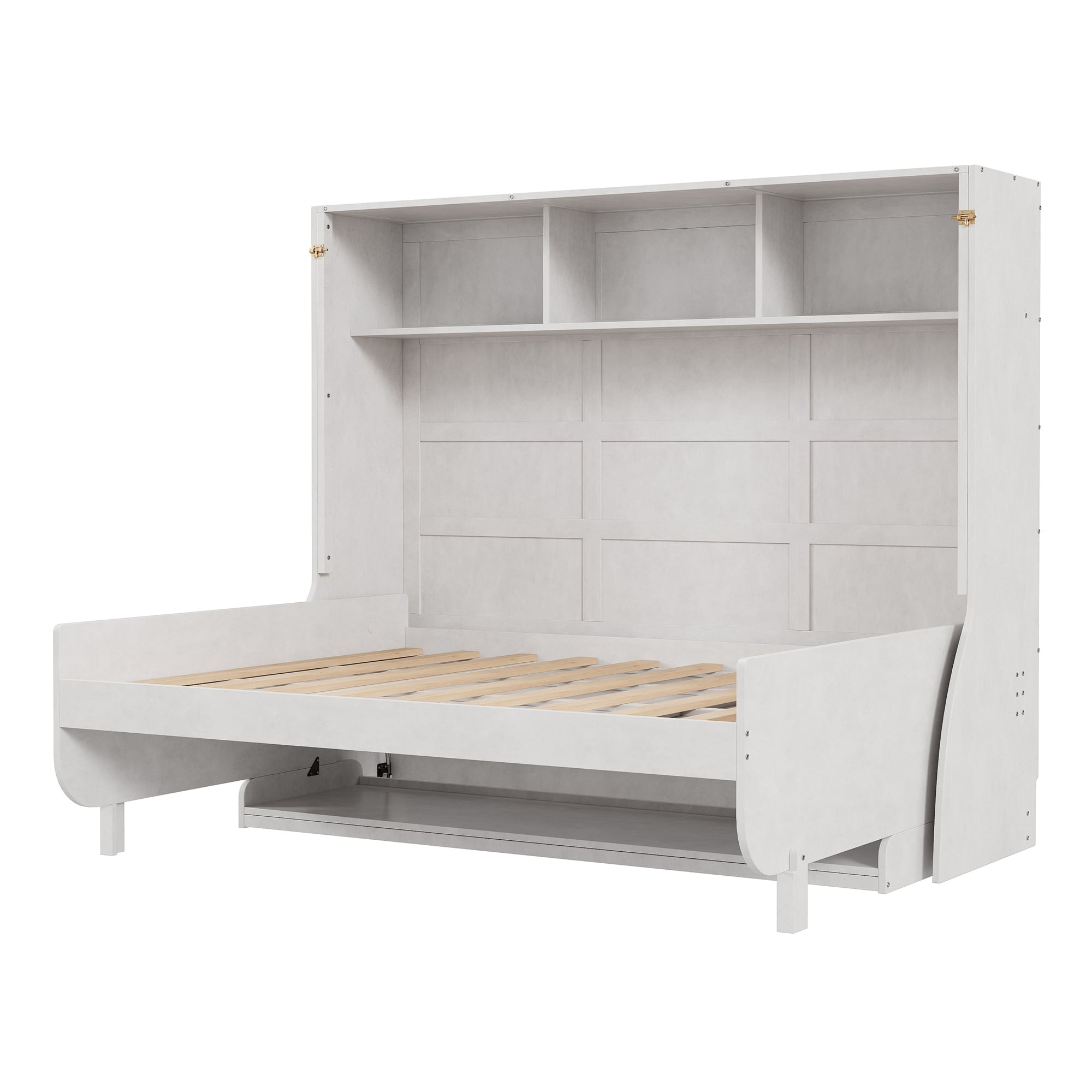 Euroco Wood Full Size Murphy Bed with Desk, Cabinet Bed with Shelves, Antique White