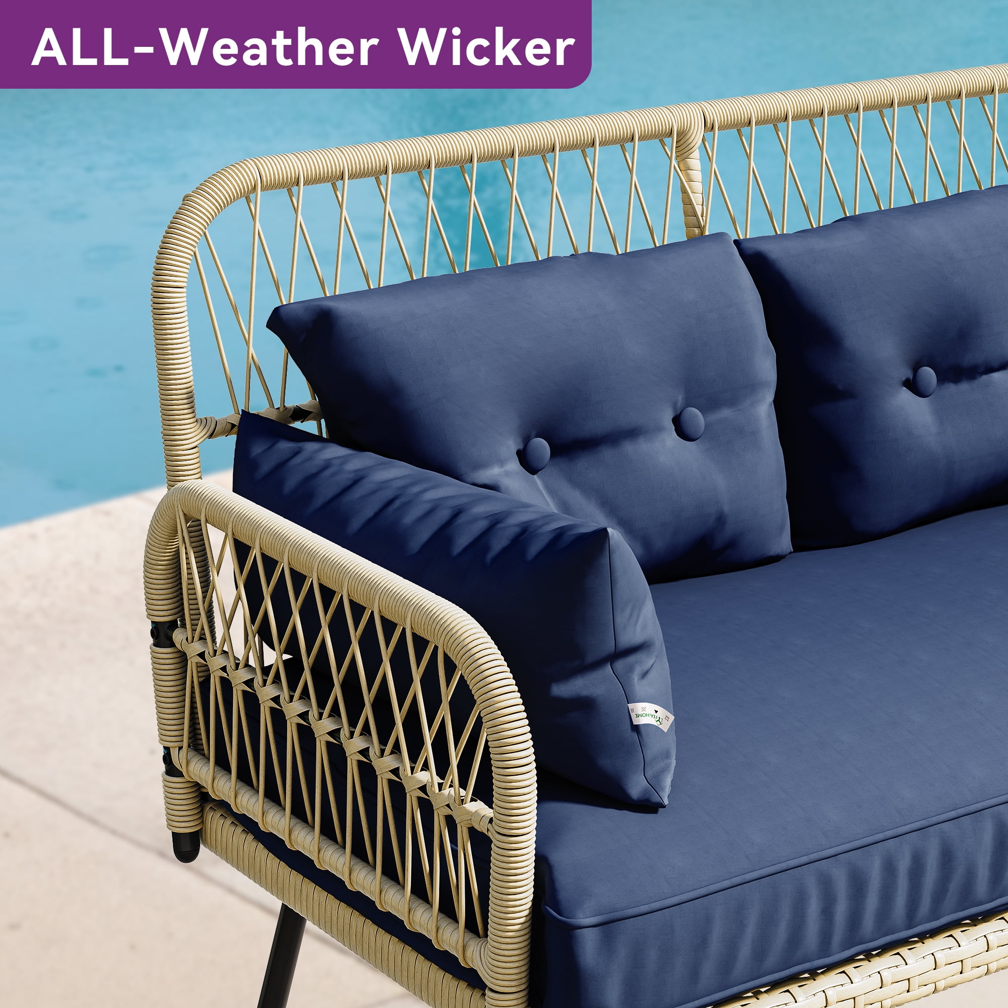 Dextrus 2-Piece All-Weather Outdoor Wicker Loveseat,&nbsp; Rattan Conversation Patio Furniture Set, Perfect for Backyard, Balcony, and Deck - Light Brown + Navy Blue