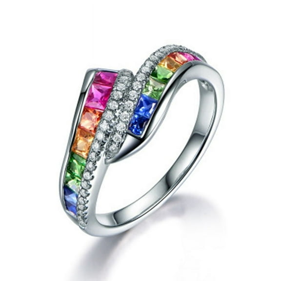 Womens Geometric Alloy Ring European Trendy Rainbow Gemstone Rings Party Favors Travel Gift Individually Packed Jewelry Accessories